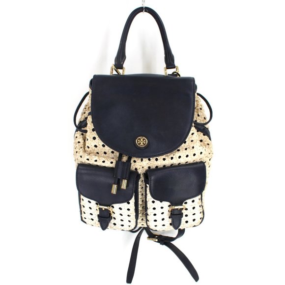 Tory Burch Handbags - Tory Burch Navy Piper Backpack Woven Blue White Saffiano Leather